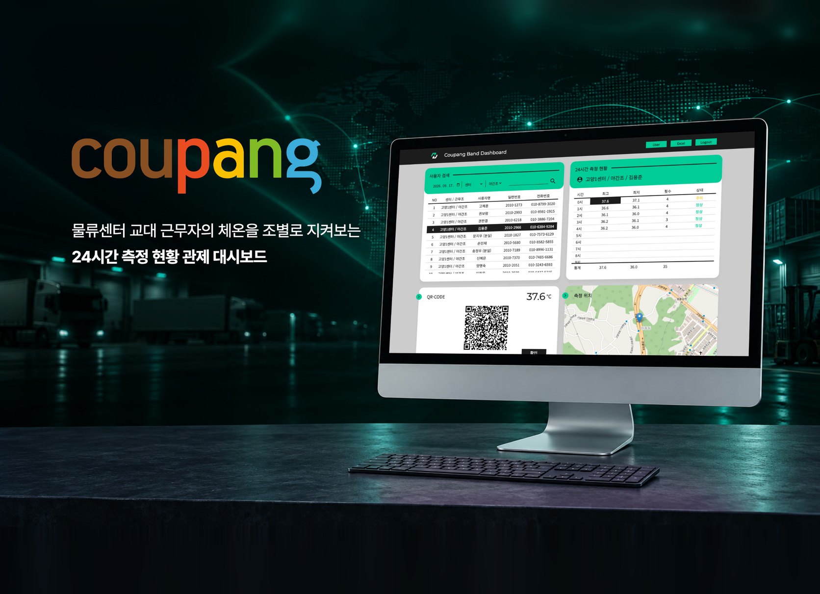쿠팡 물류센터 근무자 체온 관제 대시보드 화면이 띄워진 모니터